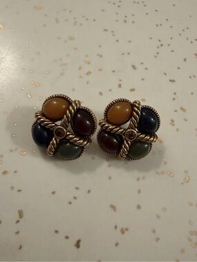 Vintage Joan Rivers Multicolor Cabochon Cluster Stud Earrings